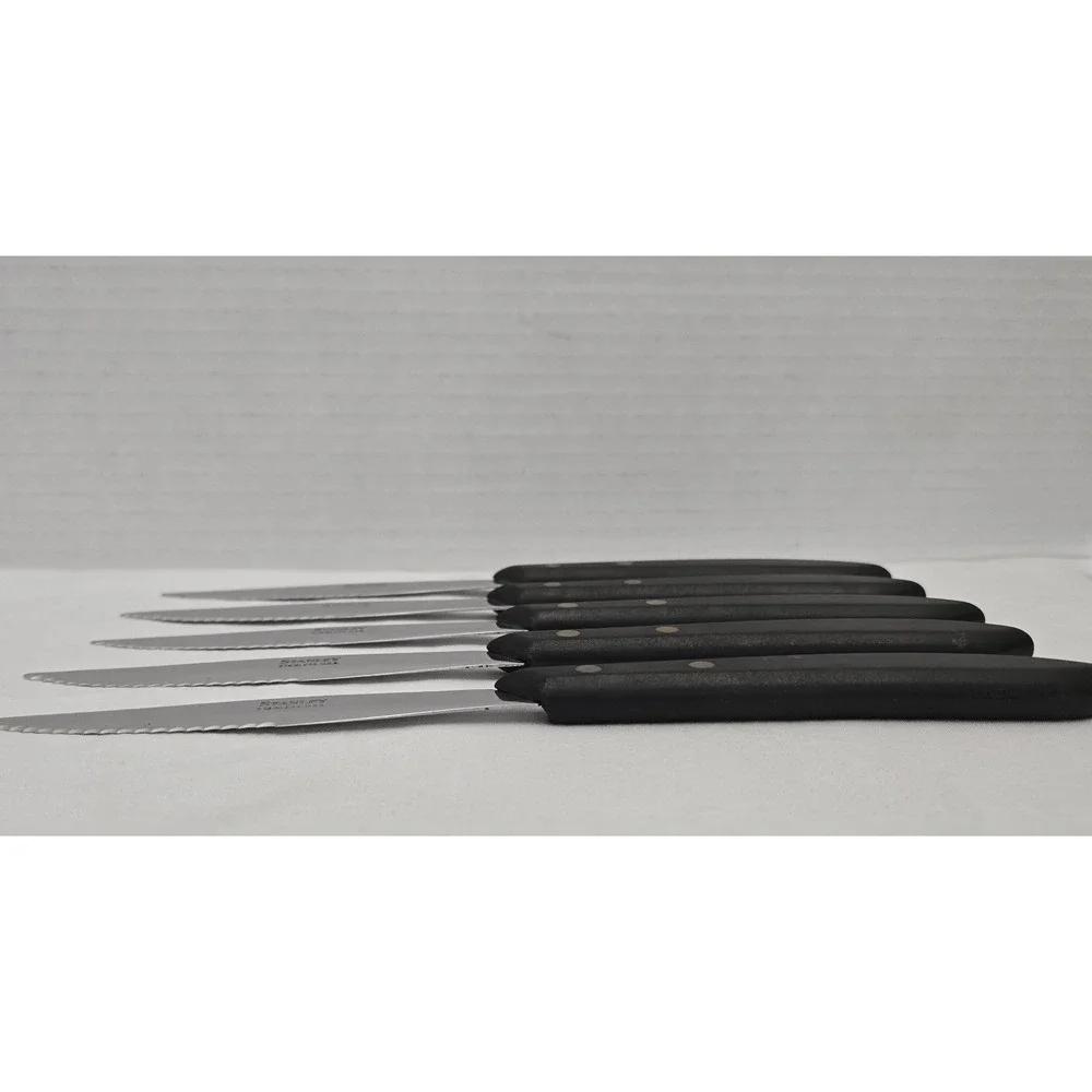 Vtg Stanley Stainless USA Steak Knives Set of 5 Black Composite Handles Serrated